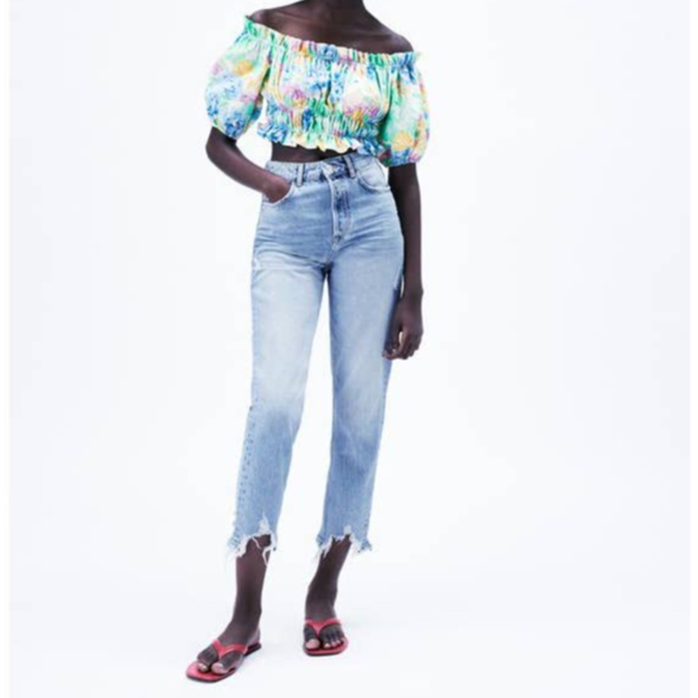 Zara Floral Printed Puff Sleeve Off The Shoulder Top - Picture 7 of 9